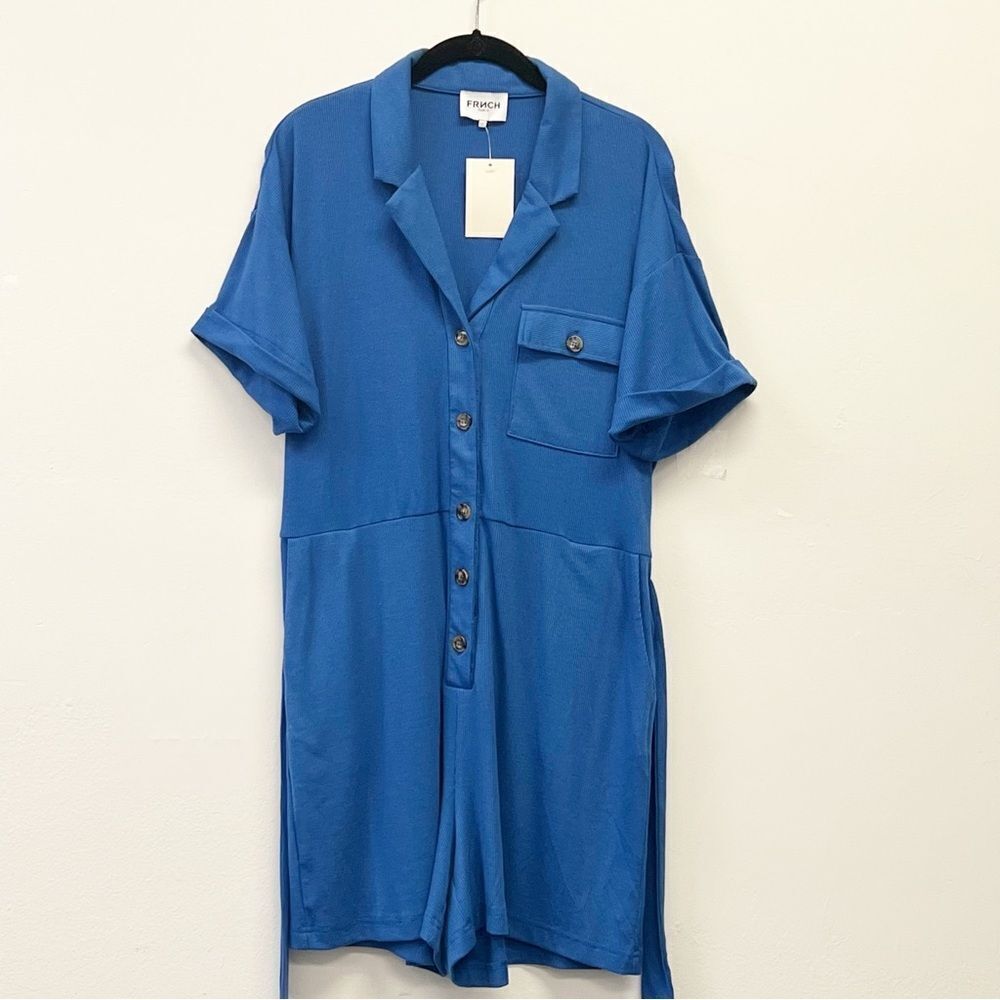 FRNCH Rib Knit Belted Romper, Royal Blue Size Large
